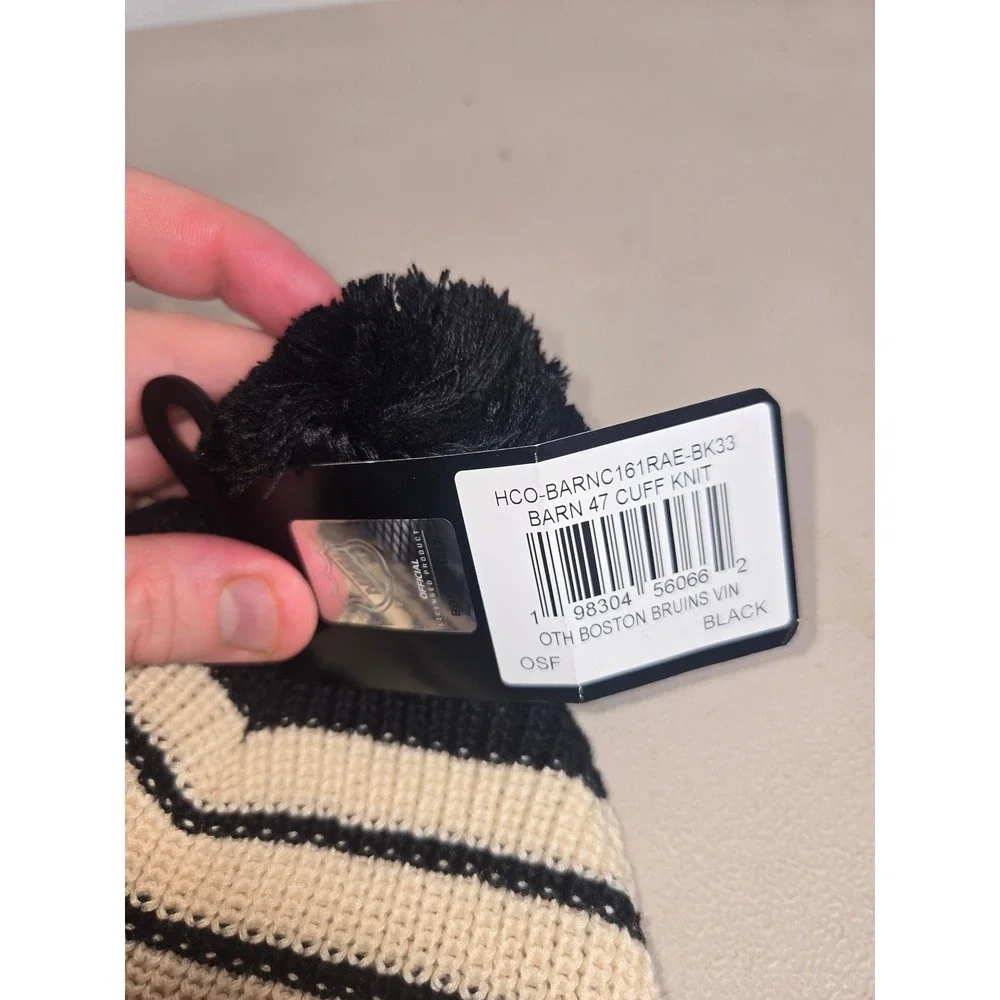 47 Brand Boston Bruins Old Time Hockey Barn Cuff Knit Beanie Pom Hat Black Cream